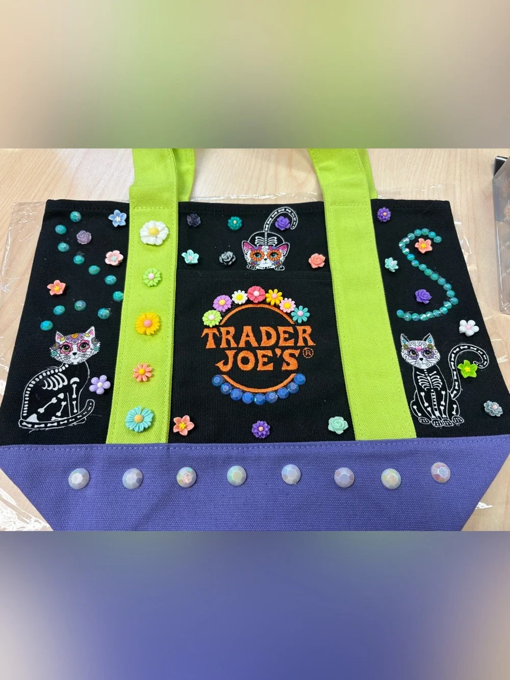 Trader Joe's Black Canvas Tote with Lime Green Handles & Purple Trim